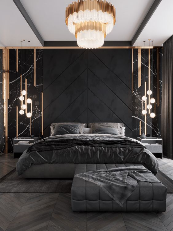 Black luxury bedroom with a crystal lamp