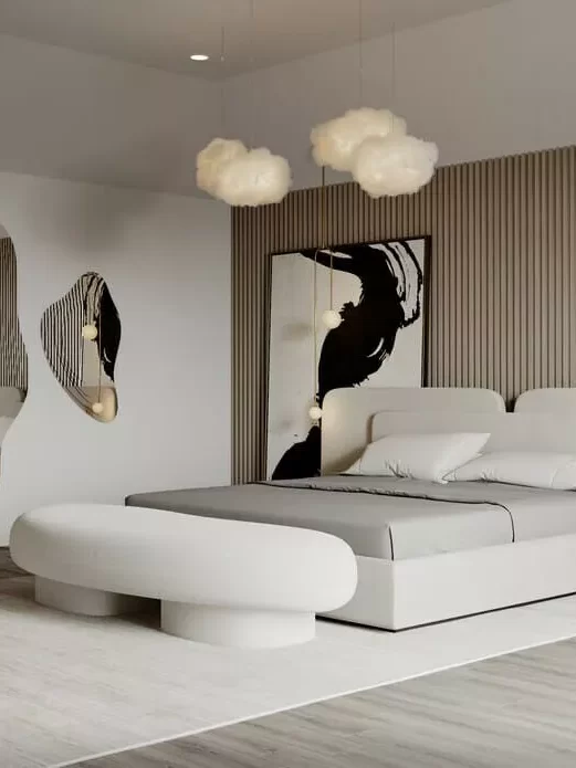 Luxury bedroom furniture benches in a Japandi interior