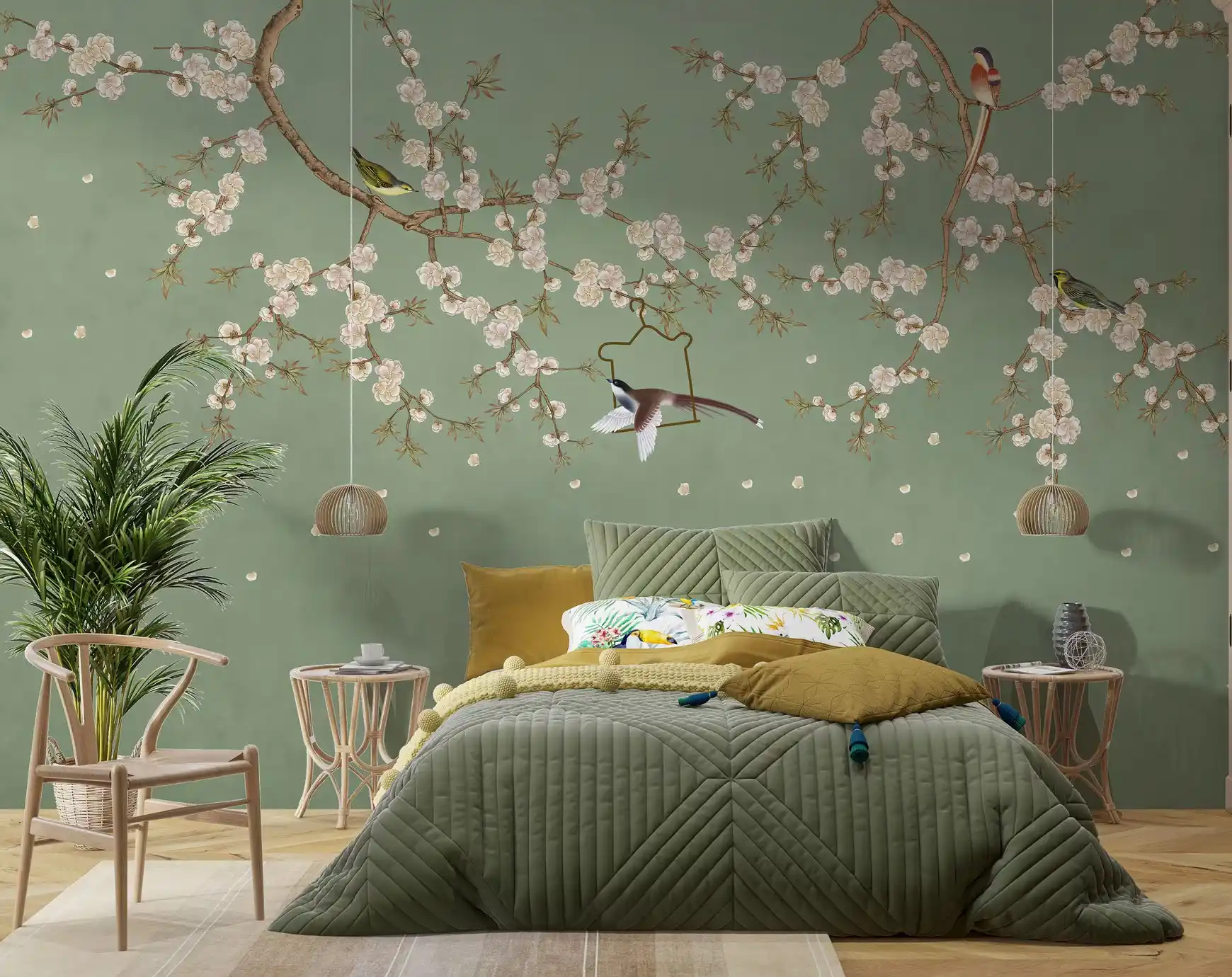 Green Chinoiserie Birds and Flowers Wall Mural