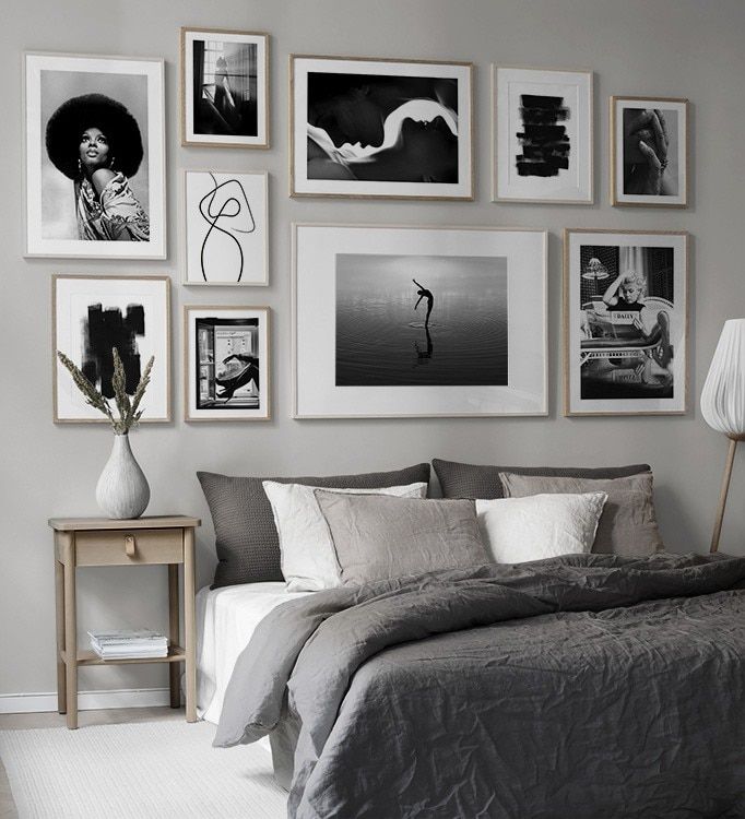 Minimalist Gallery of photos above the bed in black and white style for the bedroom