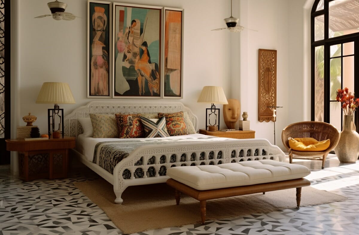 A modern bedroom in a retro style with wooden bedside tables, an armchair and a large bed. Additionally decorated with pictures in retro style.